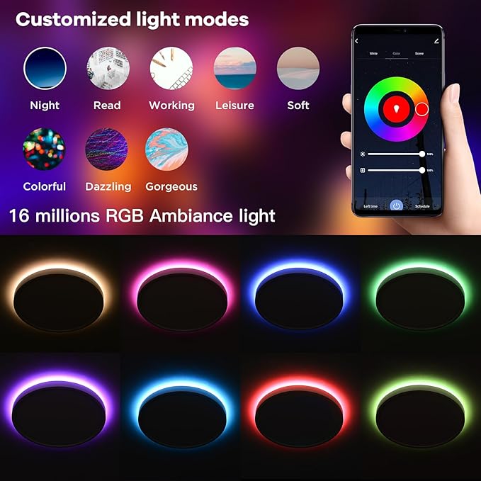 TALOYA Smart Ceiling Light Fixture 10 Inch Flush Mount Led with RGB Night Light, Compatible with Alexa Google Assistant, 2.4G WiFi Ceiling Mount Lamp for Kids’ Room Taloya