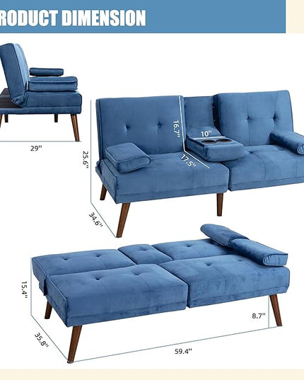 Shintenchi Futon Sofa Bed, Convertible Couch Bed Loveseat, Modern Futon Recliner Sleeper, Small Lazy Futon Set for Living Room, Office, Apartment, Blue - LeafyLoom