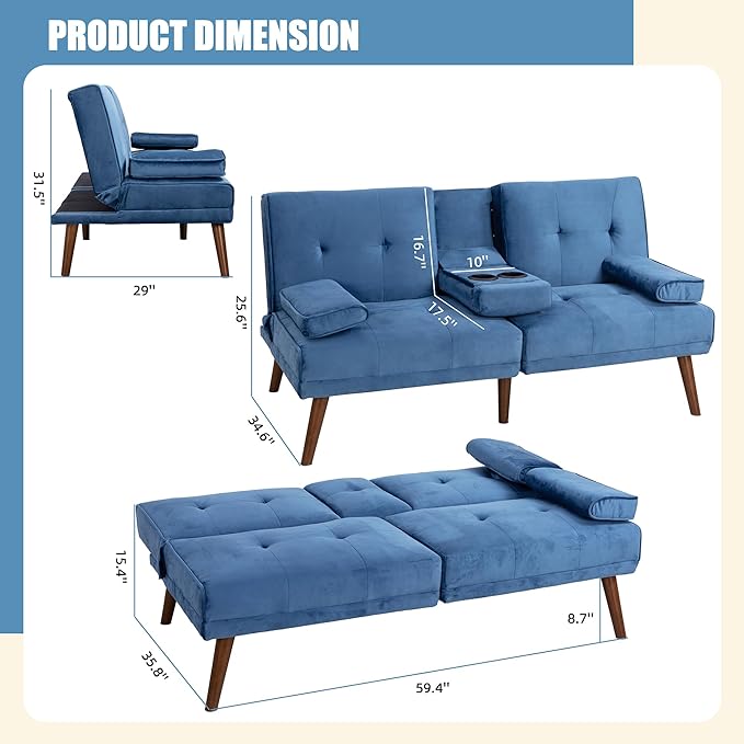 Shintenchi Futon Sofa Bed, Convertible Couch Bed Loveseat, Modern Futon Recliner Sleeper, Small Lazy Futon Set for Living Room, Office, Apartment, Blue - LeafyLoom