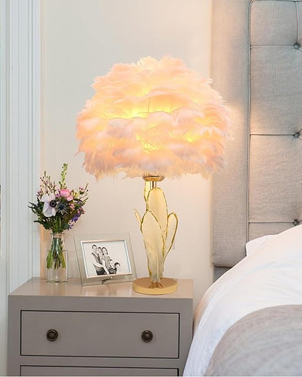 ZYLEIESENBAO Girl Lamp Creative Feather Table Lamp Gold Pink Bedside Princess Lamp Goose Feather Desk Lamp Simple Atmosphere Decoration Art Wedding Romantic Table Lamp - LeafyLoom