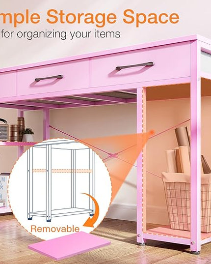 ODK Vanity Desk with Fabric Drawers & Storage Shelves, Makeup Dressing Table, Home Office Desks for Bedroom, Modern Simple Writing Desk,Pink, 48"x16" (No Mirror - LeafyLoom