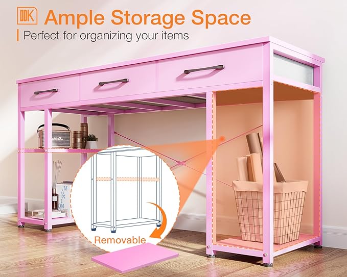ODK Vanity Desk with Fabric Drawers & Storage Shelves, Makeup Dressing Table, Home Office Desks for Bedroom, Modern Simple Writing Desk,Pink, 48"x16" (No Mirror - LeafyLoom