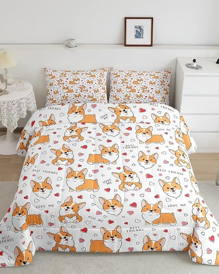 Feelyou Kids Kawaii Corgi Comforter Set Toddler Cute Dog All Season Down Comforter Boys Girls Cartoon Puppy Dog Bedding Set Lovely Animal Quilt Set Room Decor 2Pcs with 1 Pillow Case Twin Size - LeafyLoom