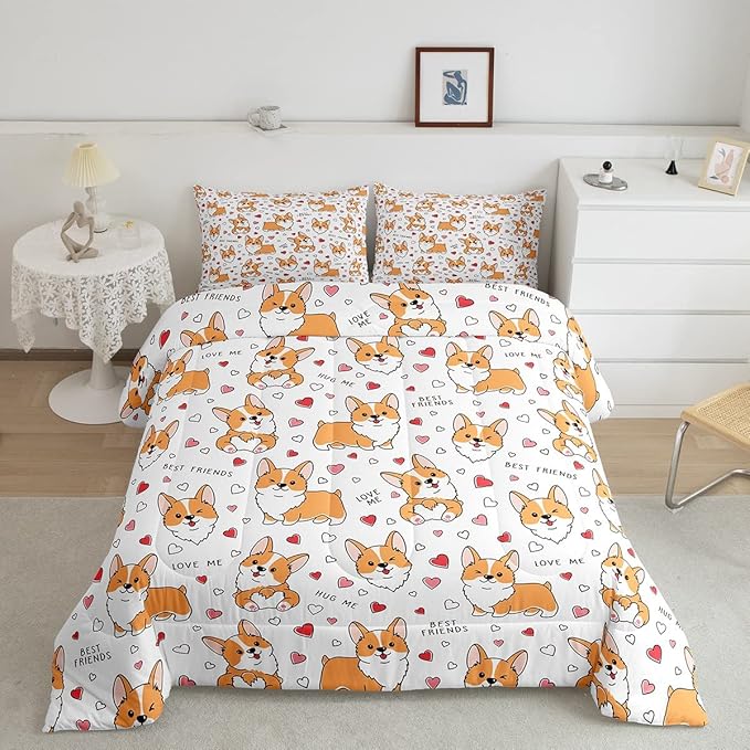 Feelyou Kids Kawaii Corgi Comforter Set Toddler Cute Dog All Season Down Comforter Boys Girls Cartoon Puppy Dog Bedding Set Lovely Animal Quilt Set Room Decor 2Pcs with 1 Pillow Case Twin Size - LeafyLoom