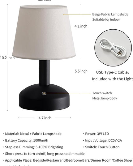 KDG Modern Cordless Small Table Lamp, Portable LED Fabric Shade Desk Lamps, 5000mAh Rechargeable Battery Operated Lighting for Bedroom, Bedside, Bar, Living Room, Dining Room, Night Light(Black) - LeafyLoom