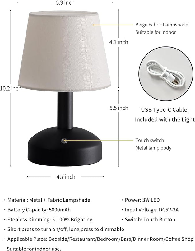 KDG Modern Cordless Small Table Lamp, Portable LED Fabric Shade Desk Lamps, 5000mAh Rechargeable Battery Operated Lighting for Bedroom, Bedside, Bar, Living Room, Dining Room, Night Light(Black) - LeafyLoom