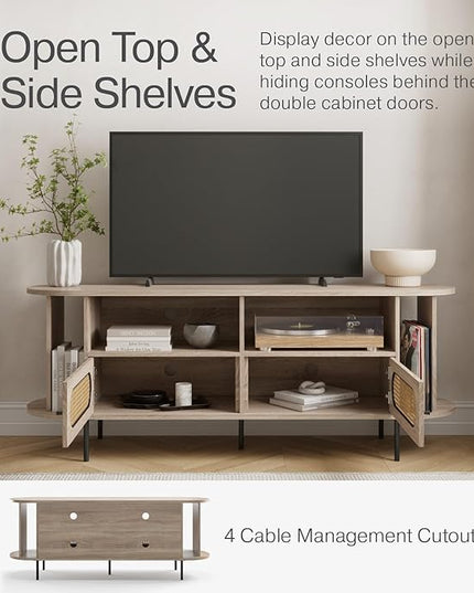 Oval Rattan TV Stand - Media Console - 63" TV Entertainment Center with Storage - Console Table for Living Room and Bedrooms - Supports 32 to 65" TVs - Soft-Close Cabinet Doors (Light Oak) - LeafyLoom