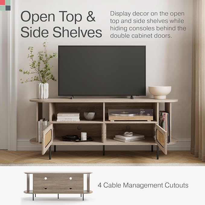 Oval Rattan TV Stand - Media Console - 63" TV Entertainment Center with Storage - Console Table for Living Room and Bedrooms - Supports 32 to 65" TVs - Soft-Close Cabinet Doors (Light Oak) - LeafyLoom