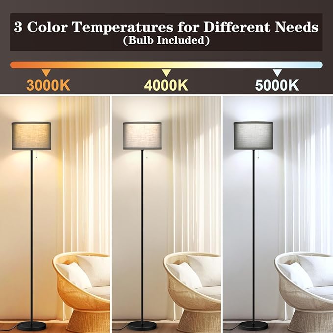 LED Floor Lamp for Bedroom, 3 Color Temperature Modern Standing Lamp, Modern Tall Lamp for Living Room, Grey Minimalist Pole Lamp with Pull Chain, Stand Up Lamp for Nursery Hotel, 9W Bulb Included - LeafyLoom