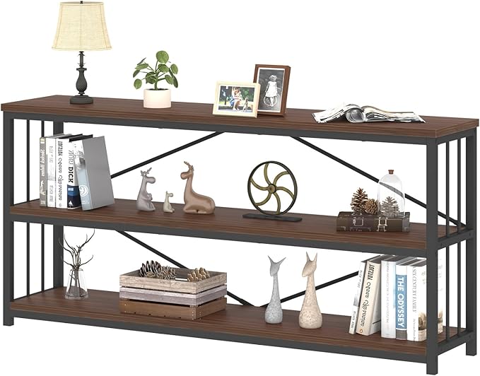 IBF Walnut Low Wide Bookcase, Vintage 63 Inch Long 3 Tier Open Book Shelf, Farmhouse Big Wood Metal sturdy Bookshelf Display Case, Simple Large Etagere Bookshelves for Home Living Room Office Bedroom - LeafyLoom