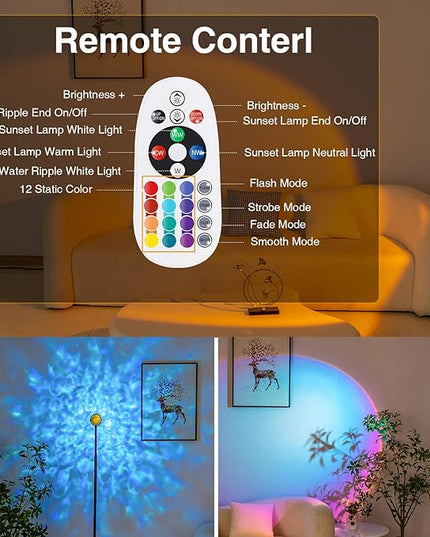 Sunset Lamp Projector with 3D Ocean Wave, 12 Colors Changing & Four Mode with USB Port, RGB Floor Lamp Double Side Lighting with Remote,Creative DIY Mode, 360° Rotation Atmosphere Lamp for Bedroom - LeafyLoom