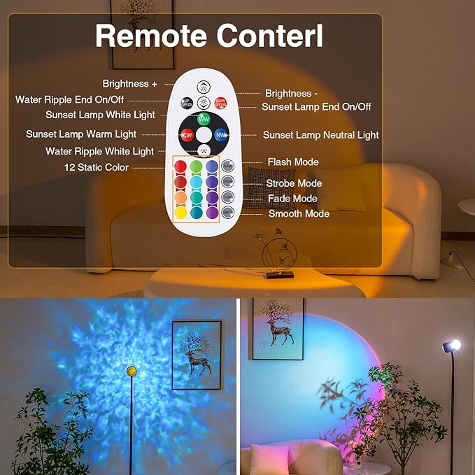 Sunset Lamp Projector with 3D Ocean Wave, 12 Colors Changing & Four Mode with USB Port, RGB Floor Lamp Double Side Lighting with Remote,Creative DIY Mode, 360° Rotation Atmosphere Lamp for Bedroom - LeafyLoom