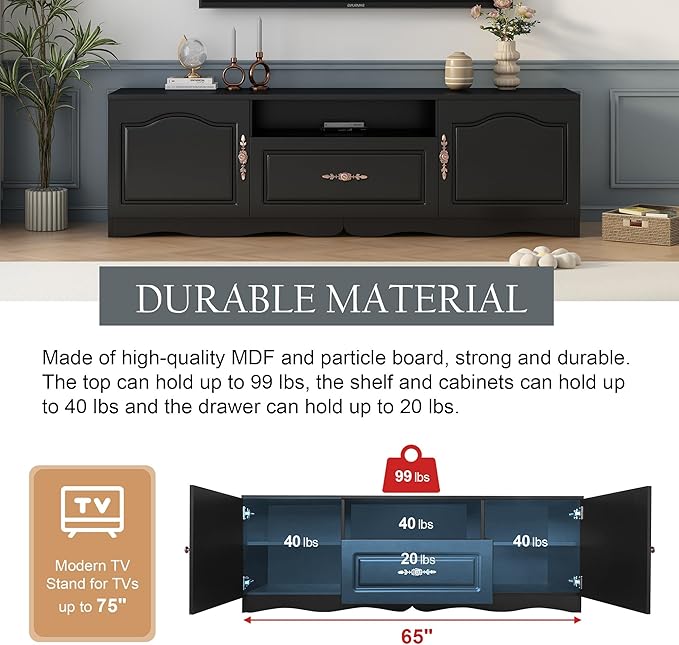 Merax Modern TV Stand for 60"+ Televisions with 1 Shelf, 2, 1 Drawer, Storage Console Cabinet Furniture for Living Room, 65.0 inch Length, Black - LeafyLoom