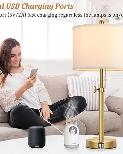 Table Lamp Set of 2, Bedside Lamp with 2 USB Ports, Gold Tall Table Lamp for Living Room End Tables, 23" to 30" Height Adjustable Table Lamp for Bedroom, Farmhouse Table Lamps with Pull Chain, E26 - LeafyLoom