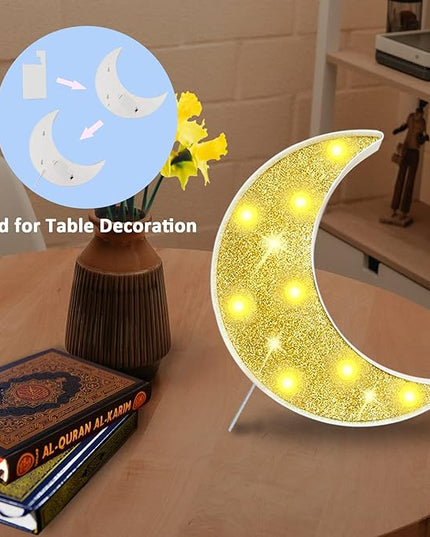 Moon Marquee Lights Decorations, Glitter LED Lighted Moon Lamp, Battery Operated Crescent Moon Night Light for Ramadan Home Table Baby Shower Party Decor, Shiny Gold Moon - LeafyLoom