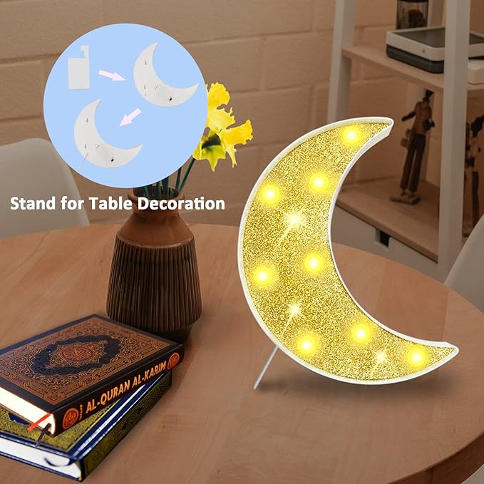 Moon Marquee Lights Decorations, Glitter LED Lighted Moon Lamp, Battery Operated Crescent Moon Night Light for Ramadan Home Table Baby Shower Party Decor, Shiny Gold Moon - LeafyLoom