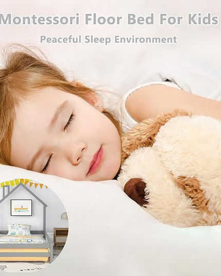 Bellemave Twin Size House-Shaped Headboard Floor Bed with Fences, Wooden Montessori Bed for Kids,House Bed Twin Frame for Girls,Boys (Gray) - LeafyLoom