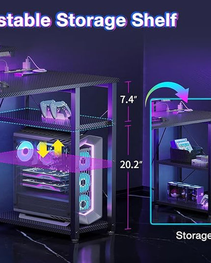 MOTPK Gaming Desk with Led Lights & Power Outlet, 47 Inch Gaming Computer Desk with Shelves, Reversible Gamer Desk Table with Adjustable Monitor Stand & Headphone Hook, Carbon Fiber Texture, Black - LeafyLoom
