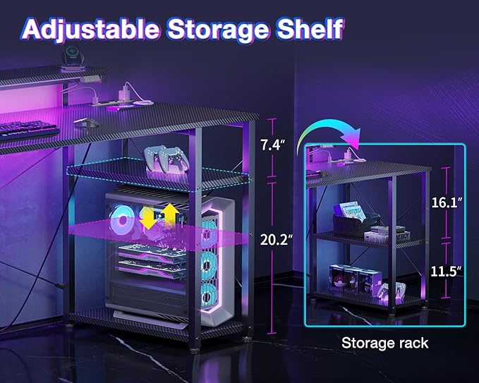 MOTPK Gaming Desk with Led Lights & Power Outlet, 47 Inch Gaming Computer Desk with Shelves, Reversible Gamer Desk Table with Adjustable Monitor Stand & Headphone Hook, Carbon Fiber Texture, Black - LeafyLoom