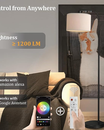 Black Floor Lamp with Remote Control, 1200 Lumens 15W LED Bulb Included, Adjustable Height Arc Floor Lamps for Living Room, Black Standing Lamp Dimmable Floor Lamp for Bedroom, Office - LeafyLoom