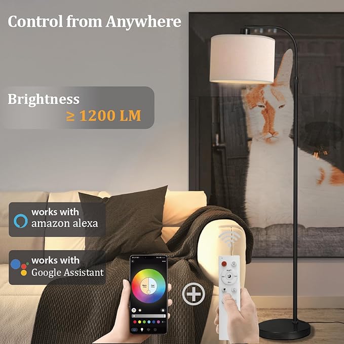 Black Floor Lamp with Remote Control, 1200 Lumens 15W LED Bulb Included, Adjustable Height Arc Floor Lamps for Living Room, Black Standing Lamp Dimmable Floor Lamp for Bedroom, Office - LeafyLoom