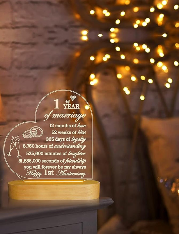 FULLOSUN Happy Anniversary Wedding Gift, Anniversary Wedding Gifts, Wedding Gift for Couple, Warm Night Light for Wife Husband Romantic Valentine's Day (Customized Anniversary) - LeafyLoom