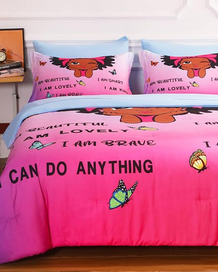 7 Piece Black Girls Magic Comforter Sets Queen Size African American Girl Bedding Set Bed in A Bag for Girls Kids Teens Inspirational Quotes Pink Blue Quilts Room Decor - LeafyLoom