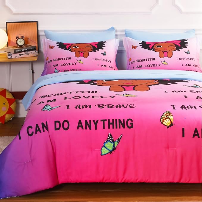 7 Piece Black Girls Magic Comforter Sets Queen Size African American Girl Bedding Set Bed in A Bag for Girls Kids Teens Inspirational Quotes Pink Blue Quilts Room Decor - LeafyLoom