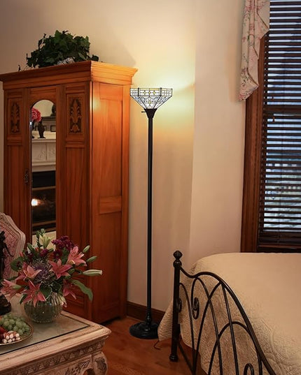 Capulina Tiffany Torchiere Floor Lamp 70 Inches Tall Industrial Dark Bronze Pole Mission Hexagon Virgin Style Stained Glass Torch Standing Light Decor for Living Room Bedroom Home Office - LeafyLoom