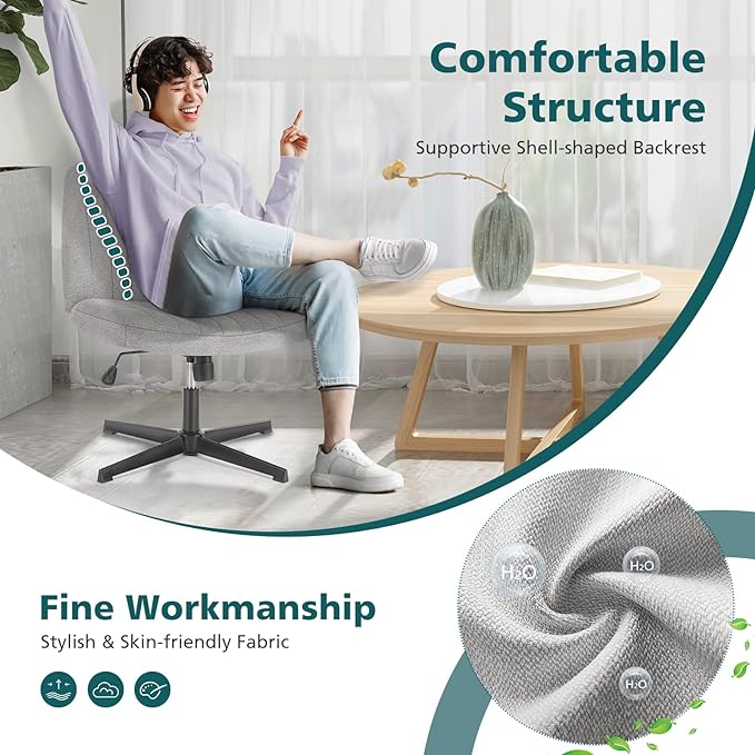 OLIXIS Cross Legged Armless Wide Adjustable Swivel Padded Home Office Desk Chair, Grey - LeafyLoom