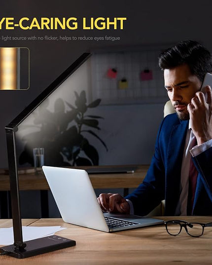 Led Desk Lamp, Desk Lamp with USB Charging Port, 5 Color Modes, 10 Brightness, Natural Light, Eye Caring Reading Lamp, Desk Light for Home Office, Table Lamp, Touch Control, Auto-Timer, Black - LeafyLoom