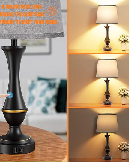 Touch Lamps for Bedrooms Set of 2 - Nightstand Table Lamp with USB C+A, 3 Way Dimmable Bedside Lamps for Living Room End Tables Set of 2, Farmhouse Night Stand Lamps for Bed Side Guest Room(Grey) - LeafyLoom