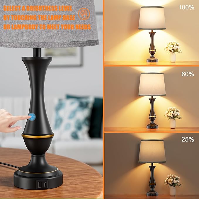 Touch Lamps for Bedrooms Set of 2 - Nightstand Table Lamp with USB C+A, 3 Way Dimmable Bedside Lamps for Living Room End Tables Set of 2, Farmhouse Night Stand Lamps for Bed Side Guest Room(Grey) - LeafyLoom