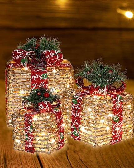 [Large 10"x8.5"x7" Christmas Set of 3 Lighted Rattan Gift Boxes Decorations Pre-lit 70 Super-Bright LED with Flashers,for Indoor Outdoor Pathway Holiday Party Home(Warm White) GLOWNOVA