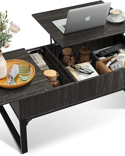 WLIVE Lift Top Coffee Table with Storage, Coffee Table with Lifting Top & Sliding Top, Wood Coffee Table for Living Room, Modern Center Table with 2 Hidden Compartment for Home, Office, Charcoal Black - LeafyLoom