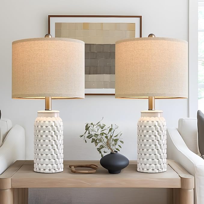 20.5" Modern Ceramic White Bedside Lamp Single Table Lamp for Bedroom Decor Farmhouse Table Lamp for Living Room Office Dorm - LeafyLoom