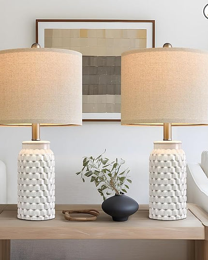 20.5" White Modern Ceramic Bedside Lamp Set of 2 for Bedroom Decor Farmhouse Table Lamp for Living Room Office Dorm - LeafyLoom