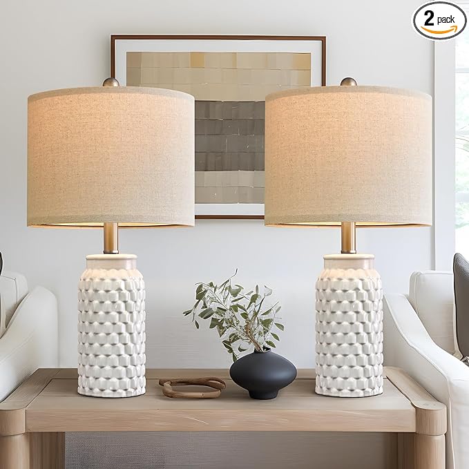20.5" White Modern Ceramic Bedside Lamp Set of 2 for Bedroom Decor Farmhouse Table Lamp for Living Room Office Dorm - LeafyLoom