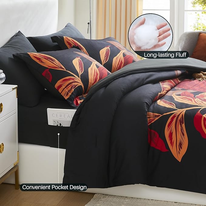 WRENSONGE Twin Comforter Set, 5 Pieces Black Red Floral Comforter Set with Sheets, Red Leaf Bedding Set, Twin Bed in a Bag, Soft Breathable Microfiber for All Seasons - LeafyLoom
