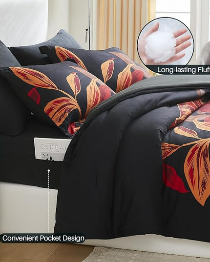 WRENSONGE King Size Comforter Set, 7 Pieces Black Red Floral Comforter Set with Sheets for King Size Bed, Red Leaf Pattern King Bedding Set, Soft Breathable Bed in a Bag King for All Seasons - LeafyLoom
