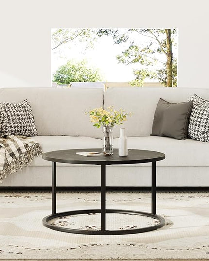 SAYGOER Small Coffee Table Black Round Marble Center Tables Open Space Underneath for Living Room Home Office 27.6 * 27.6 * 17.7, Black Faux Marble - LeafyLoom