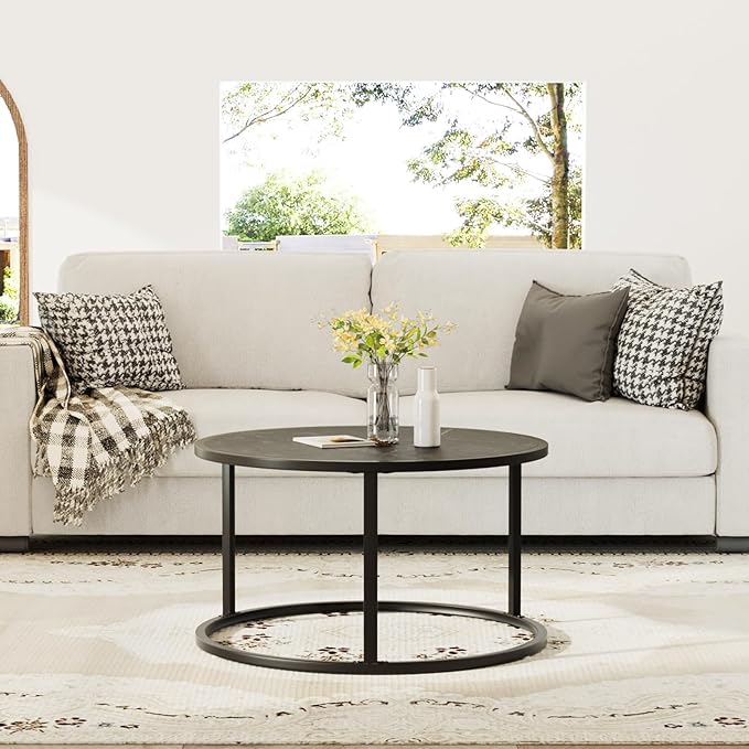 SAYGOER Small Coffee Table Black Round Marble Center Tables Open Space Underneath for Living Room Home Office 27.6 * 27.6 * 17.7, Black Faux Marble - LeafyLoom