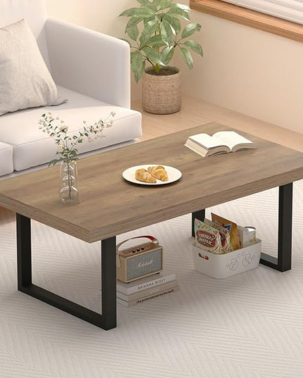 IBF Farmhouse Coffee Table, Modern Simple Wood Coffee Table for Living Room, Industrial Minimalist Rectangle Center Table, Wood and Metal Tea Coffee Table for Home Office Bedroom, Rustic Oak, 39 inch - LeafyLoom