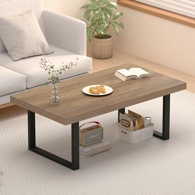 IBF Farmhouse Coffee Table, Modern Simple Wood Coffee Table for Living Room, Industrial Minimalist Rectangle Center Table, Wood and Metal Tea Coffee Table for Home Office Bedroom, Rustic Oak, 39 inch - LeafyLoom