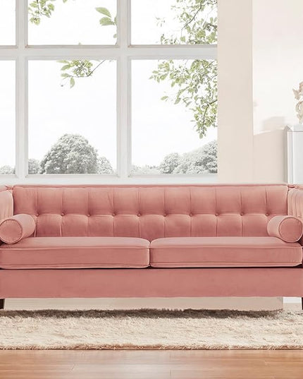 Dreamsir 78'' W Velvet Sofa, Mid-Century Love Seats Sofa Furniture with Bolster Pillows, Button Tufted Couch for Living Room, Tool-Free Assembly (Sofa, Pink) - LeafyLoom