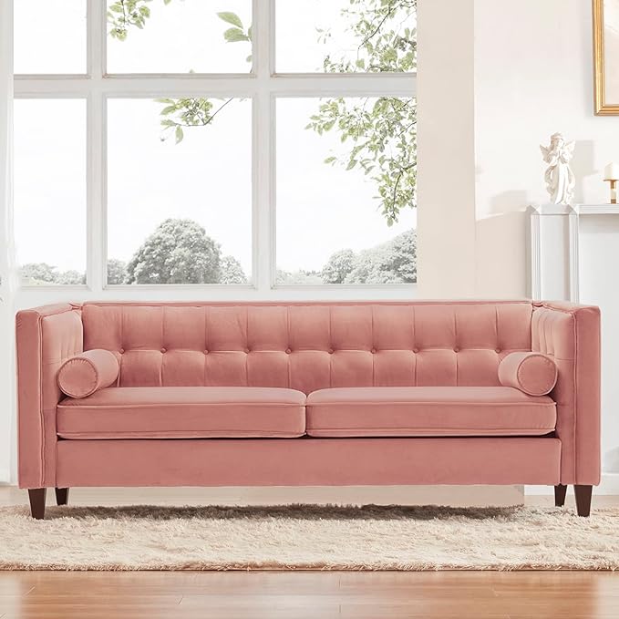 Dreamsir 78'' W Velvet Sofa, Mid-Century Love Seats Sofa Furniture with Bolster Pillows, Button Tufted Couch for Living Room, Tool-Free Assembly (Sofa, Pink) - LeafyLoom