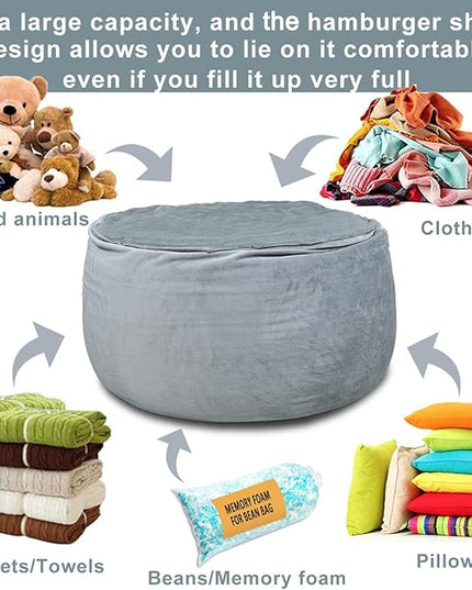 Bean Bag Chair Cover, Stuffed Animal Storage, Plush Toys Organizer Holder, Beanbag Chairs Cover for Kids Teans and Adults Super Soft and Comfortable Fabric X-Large with Handle and Zipper -Round Grey - LeafyLoom