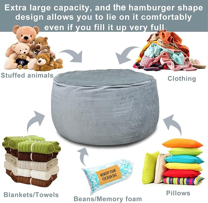 Bean Bag Chair Cover, Stuffed Animal Storage, Plush Toys Organizer Holder, Beanbag Chairs Cover for Kids Teans and Adults Super Soft and Comfortable Fabric X-Large with Handle and Zipper -Round Grey - LeafyLoom