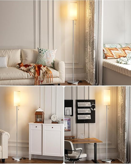 Ambimall Floor Lamp for Living Room with 3 Color Temperatures Bulb, 64" Standing lamp with Linen lampshade for Bedroom, Minimalist Pole Lamp, Beige Shade & Silver Pole - LeafyLoom