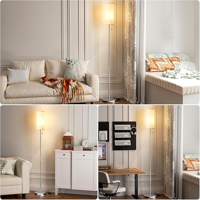 Ambimall Floor Lamp for Living Room with 3 Color Temperatures Bulb, 64" Standing lamp with Linen lampshade for Bedroom, Minimalist Pole Lamp, Beige Shade & Silver Pole - LeafyLoom
